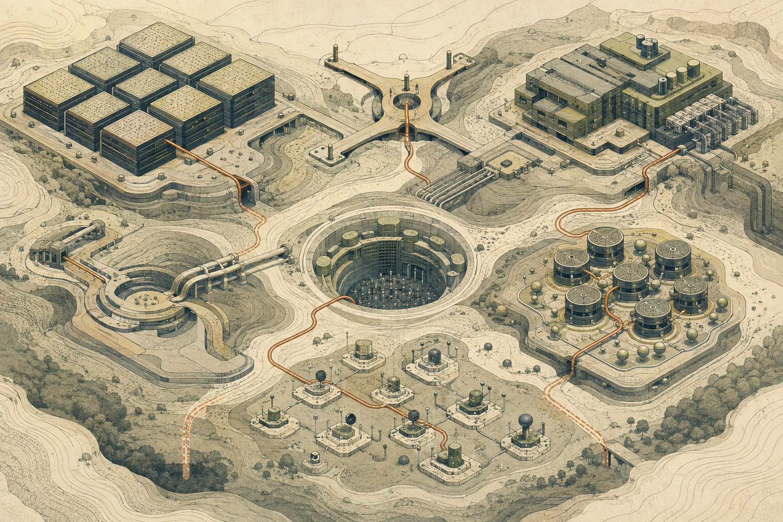 An illustrated topographic model estate with compute, routing, storage, and agent systems connected by a copper path.
